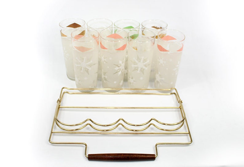 Vintage Glasses Set with Metal Caddy Rack image 4