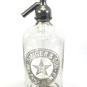 Vintage Clear Seltzer Bottles with Etched Glass H: Singer and Son