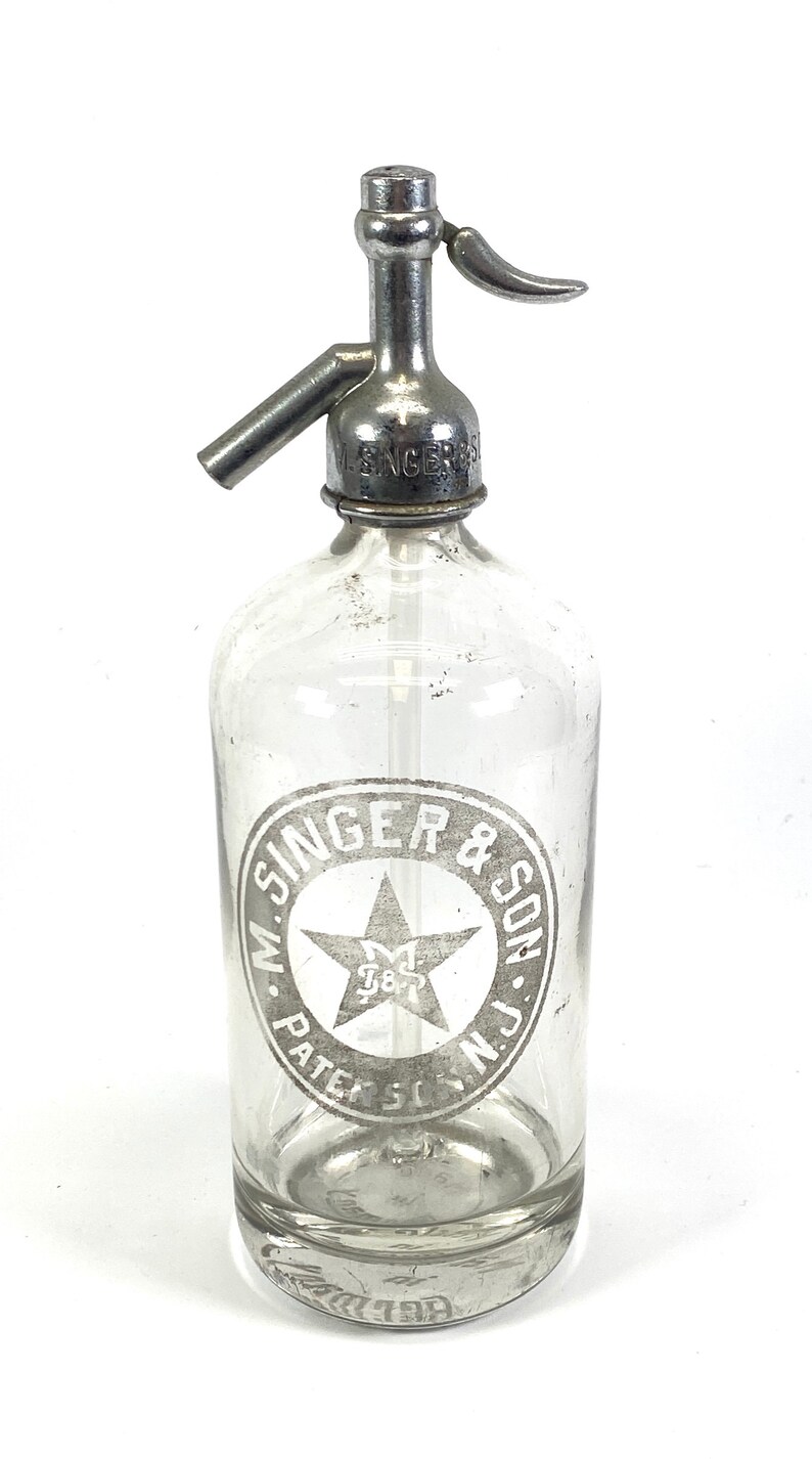 Vintage Clear Seltzer Bottles with Etched Glass H: Singer and Son