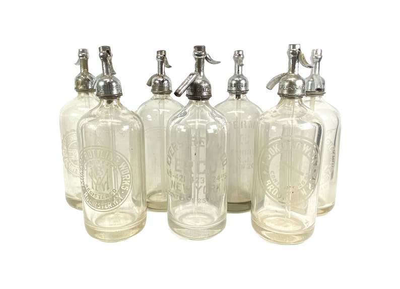 Vintage Clear Seltzer Bottles with Etched Glass image 1
