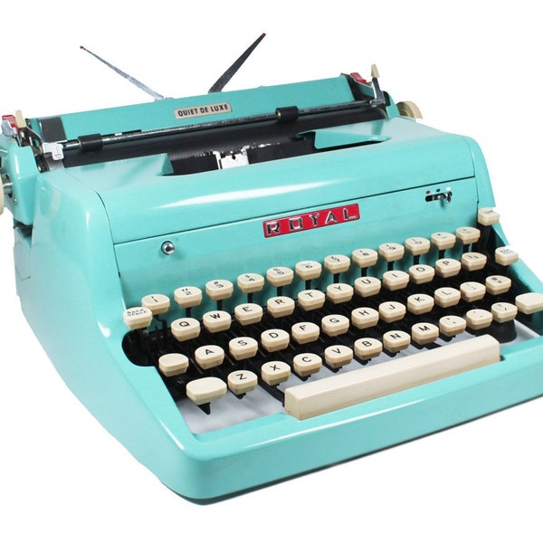 Vintage Royal Quiet DeLuxe Manual Typewriter: Bright Turquoise with Red and Chrome Royal Logo