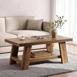 Rustic Wood Coffee Table – Farmhouse Style with Storage Shelf, Solid Pine Finish