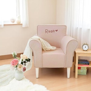 Personalised Kids Armchair - Custom Embroidered Name Chair, Lovely Pastel Pink Toddler Sofa, Children&#39;s Room Furniture