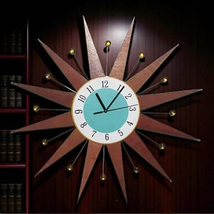 Halverwege de eeuw moderne Sunburst-wandklok – Retro Atomic Starburst-ontwerp, handgemaakt vintage-geïnspireerd interieur