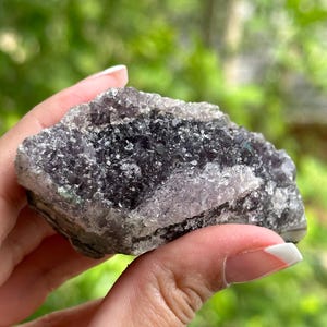 May include: A raw amethyst crystal cluster with a mix of dark purple, light purple, and clear quartz crystals. The natural stone has a rough, textured surface and is held in a hand against a blurred green background.