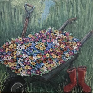 Wheelbarrow Full of Flowers - Grassy Field - Red Rain Boots – Original Oil Painting on Stretched Canvas, 12x9 Inches