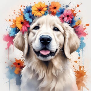 Può includere: Un golden retriever sorridente con una corona di fiori colorati. Il cane ha un pelo color crema chiaro e la corona presenta fiori arancioni, gialli, blu e rosa. Schizzi di vernice ad acquerello in colori simili circondano il cane.