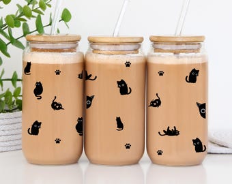 Black Cat Glass Cup 16oz Gift for Halloween Black Cat Lovers Cute Witchy Pet Kitty Halloween Decor for Cat Mamas