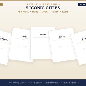 以下が含まれることがあります： 5つの都市の旅行日程表をまとめた5-in-1バンドル。New York City、Paris、Dubai、Tokyo、Romeと記された5枚の白い書類ページが含まれています。上部ヘッダーには5 Iconic Cities、下部フッターには35 days of itineraries, packing checklists, budget trackers, editable word docsと記載されています。