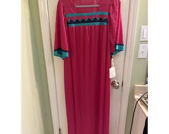 Vintage Henson Kickernick Nylon Nightgown Teal Pink Blue Lounge Dress L USA NWT