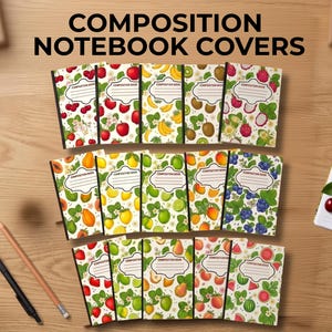Pode incluir: Uma coleção de catorze capas de cadernos dispostas em três linhas, cada uma apresentando um padrão de frutas único, incluindo cerejas, maçãs, bananas, kiwis, pitaia, mirtilos e melancias, com uma área central para etiqueta.