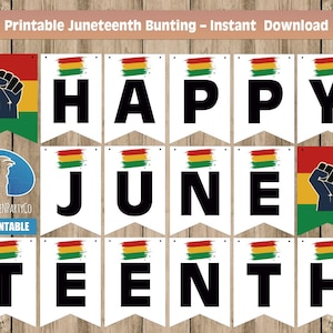 Banderines imprimibles de Juneteenth: pancarta "Happy Juneteenth" + banderines adicionales (PDF en tamaño A4 y carta)