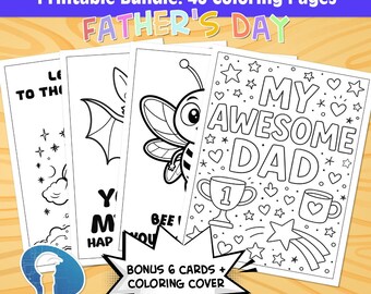 Könnte beinhalten: Ein Bundle mit ausdruckbaren Malvorlagen zum Vatertag. Die Seiten zeigen verschiedene Designs, darunter eine Biene, eine Trophäe und den Text "My Awesome Dad". Das Bundle enthält 40 Malvorlagen, 6 Bonuskarten und einen Malumschlag.
