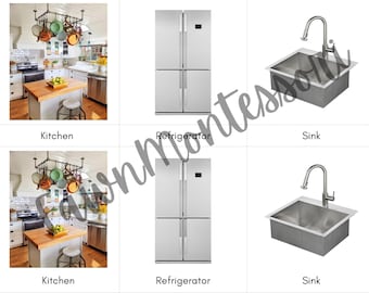 Tarjetas de nomenclatura de cocina Montessori de tres partes