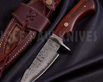 Damascus Steel Skinner Knife | Handmade Hunting Knife with Leather Sheath | Rose Wood Handle | Birthday Gift For Him