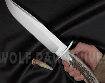 Handmade Bowie Knife D2 Steel Outdoor Survival Knife | Stag Antler Handle with Leather Sheath | New Year Gift For Him