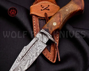Handmade Skinner Knife Damascus Steel Outdoor Survival Knife | Rose Wood Handle with Leather Sheath | New Year Gift For Him