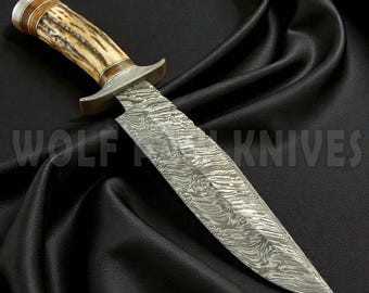 Faca Bowie em Aço Damasco | Faca de Caça Artesanal com Bainha de Couro | Cabo de Chifre de Veado | Presente de Aniversário para Ele