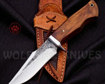 D2 Steel Skinner Knife | Handmade Hunting Knife with Leather Sheath | Rose Wood Handle | Birthday Gift For Him