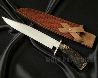 D2 Steel Hunting Bowie Knife Handmade Gift for Him | Stag Angler Handle with Leather Sheath | Birthday Gift For Him