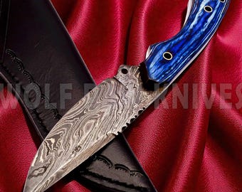 Damascus Skinning Knife with Wood Handle – Handmade Skinner Knife - Best Personalized Knife Gift For Him