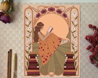 Reading Lady Art Print: Art Nouveau Book Lover Decor
