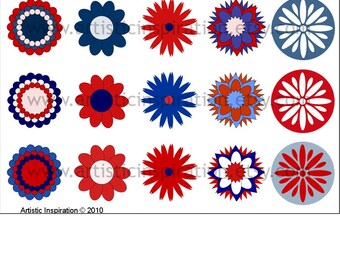 Red, White, Blue Flowers Printable DIGITAL IMAGES / Sidetracked Artist Collage Sheet No.106