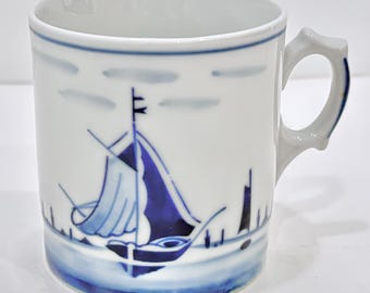 Vintage  Hand Painted Cobalt Blue Sailboat Mug Made in Germany