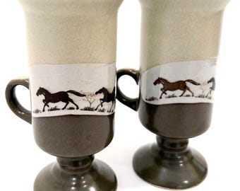 Vintage Otagiri Horse Pedestal Mugs, Equestrian Stoneware Set