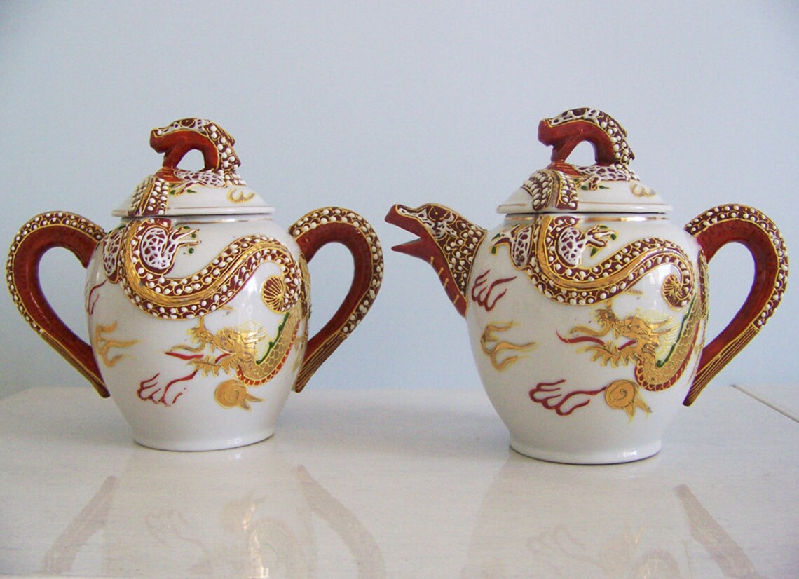 Vintage Japanese Moriage Dragonware Lithophane Tea Set Etsy