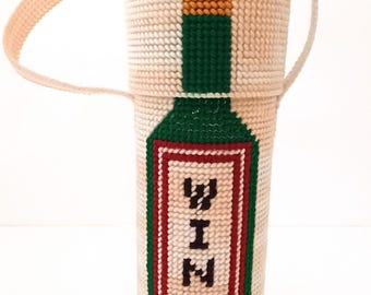 Vintage Cross Stitch Wine Bottle Carrier Gift Box Tote Handmade