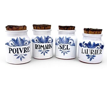 Vintage Faience de Biot Spice Jars Set, French Country Blue White Ceramic
