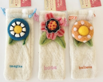 Vintage Mary Engelbreit Felted Glasses Pouch with Flower Brooch