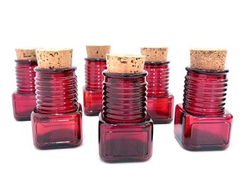 Vintage Wheaton Ruby Red Apothecary Bottles, Set of 6, Bar Cart Decor