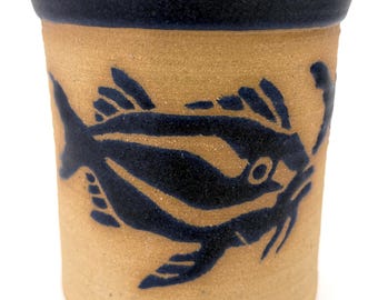 Barbara Patera Signed Studio Pottery Cobalt Fish Crock Utensil Holder