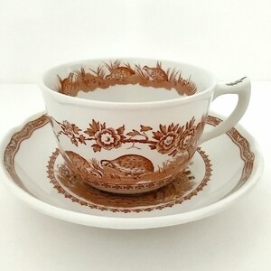 May include: A brown and white teacup and saucer set with a floral and bird design. The cup and saucer have a scalloped edge.