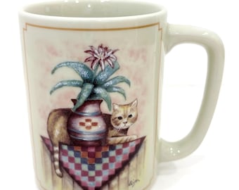 Vintage Otagiri Japan Mug Figi Graphics Cat & Plant Illustration