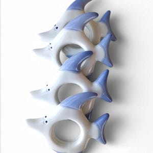 Vintage Pier 1 Imports Angel Fish Porcelain Napkin Rings Blue and White Set of 4