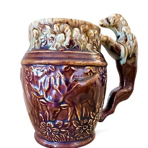 Rockingham Harker 1840 Brown Drip Glaze Mug with Hunting Scene and Hound Shaped Handle