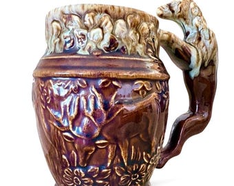 Rockingham Harker 1840 Brown Drip Glaze Mug with Hunting Scene and Hound Shaped Handle