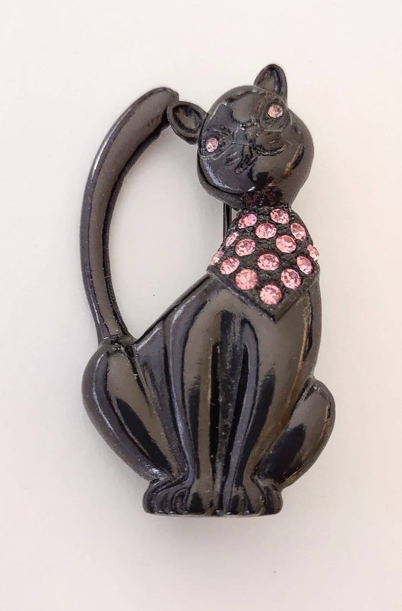 Vintage 1928 Brand Black Cat Brooch With Pink Rhinestones - Etsy