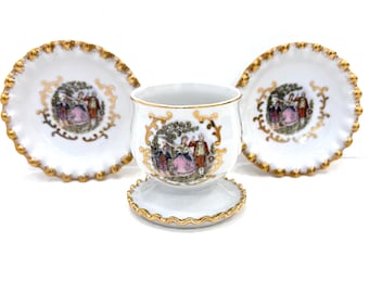 Vintage Lefton Egg Cup Set, Fragonard Rococo Porcelain, Gilded Ruffled Rim