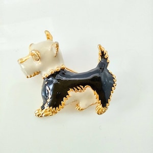 Vintage Black and Cream Enamel Scottie Dog Brooch