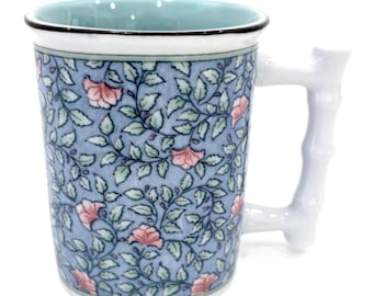 Vintage Takahashi Floral Mug, Blue Bamboo Handle, Made in Japan