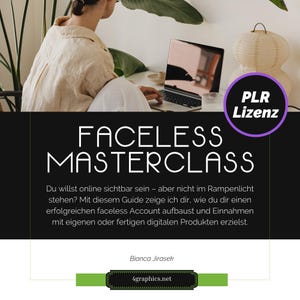 Könnte beinhalten: Eine Person arbeitet an einem Laptop mit dem weißen Text "FACELESS MASTERCLASS". Das Bild enthält den Text "PLR Lizenz" in einem lila Kreis und die Website "4graphics.net". Eine Lampe und ein Glas Wasser sind ebenfalls sichtbar.