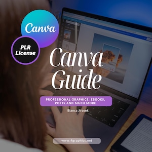 Könnte beinhalten: Ein Laptop mit einem Canva-Leitfaden. Das Bild zeigt das Canva-Logo, ein PLR-Lizenz-Abzeichen und den Text "Canva Guide". Zusätzlicher Text lautet "Professionelle Grafiken, E-Books, Beiträge und vieles mehr" und die Website www.4graphics.net.