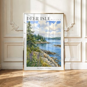 May include: A vertical wall art print titled DEER ISLE MAINE featuring a watercolor landscape of a rocky coastline with blue water, green pine trees, and purple lupine flowers under a cloudy sky, with the text The coastal collection at the bottom.