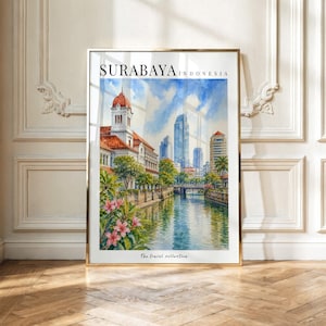 Surabaya Ost-Java Indonesien Druck | Surabaya Jawa Timur Wandkunst | Suramadu Brücke Aquarell Home Decor | Ost-Java-Reiseplakat