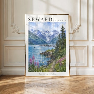 May include: A vertical wall art print featuring a watercolor landscape of Seward, Alaska. The scene depicts snow-capped mountains, a blue bay with a small boat, and a rocky shoreline with green pine trees and pink wildflowers. Text reads SEWARD ALASKA.