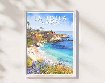 Puede incluir: Una impresión artística enmarcada que presenta un paisaje costero de La Jolla, California. La obra de arte representa una playa con agua turquesa, acantilados y coloridas flores silvestres. El texto "LA JOLLA CALIFORNIA" se muestra en la parte superior.